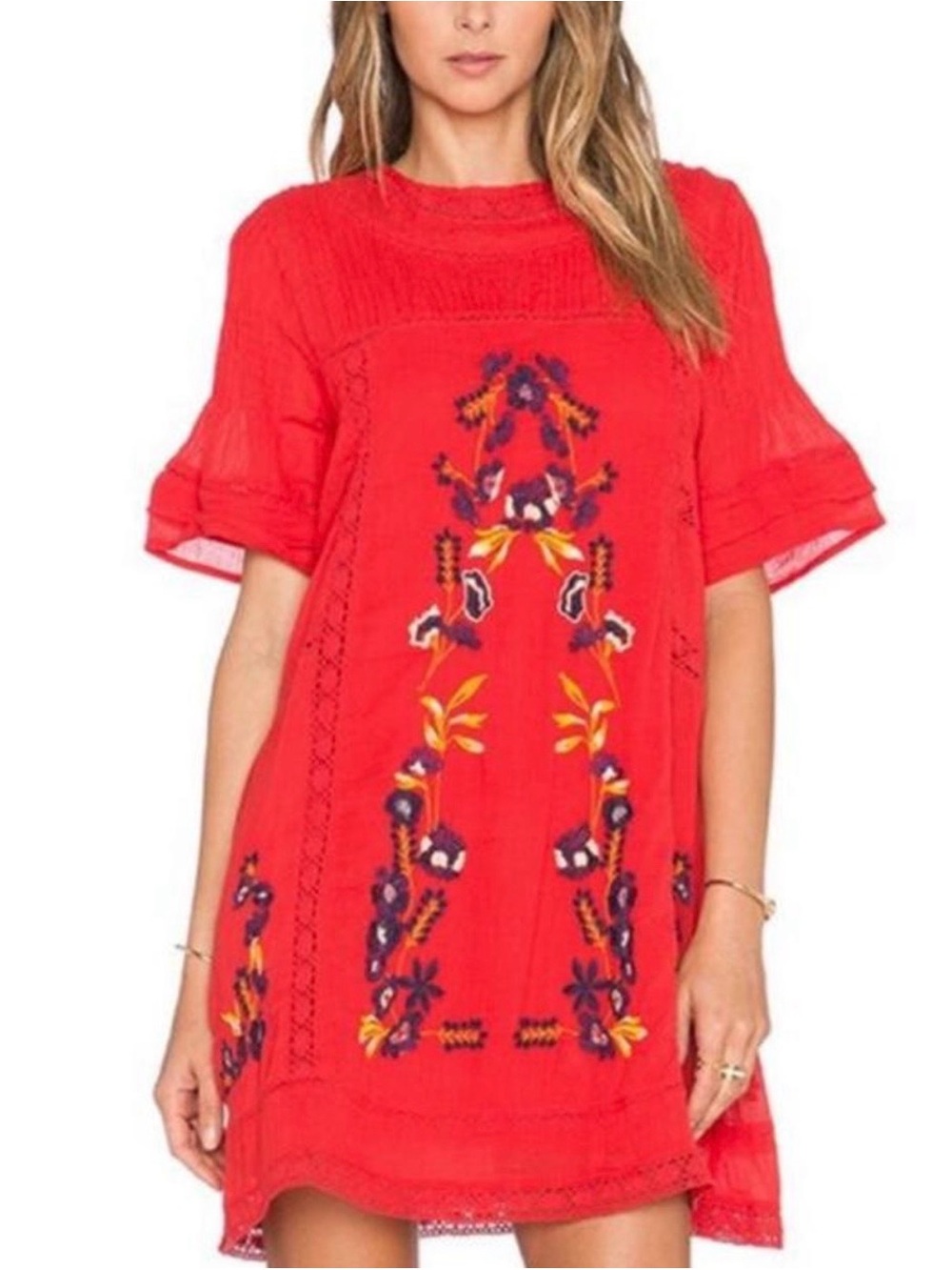 Free People Embroidered Flutter-Sleeve Tunic/mini Dress